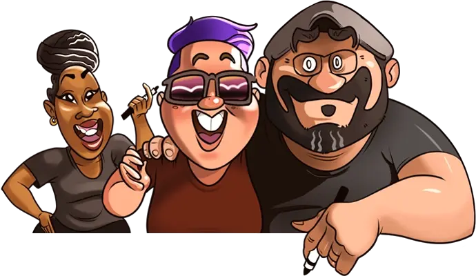 A group illustration of Ariana, Mandy, and Dennis. 