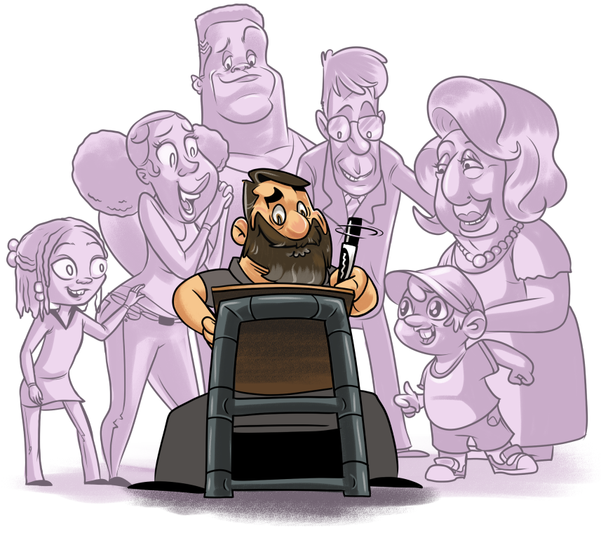 A crowd stands behind Dennis as he draws